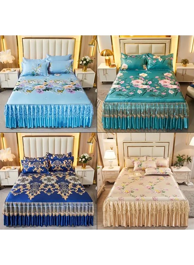 Navy Blue Bed Skirt Set With Lace Trim Floral Print 70 87x78 74 Inch Cooling Polyester - Image 1